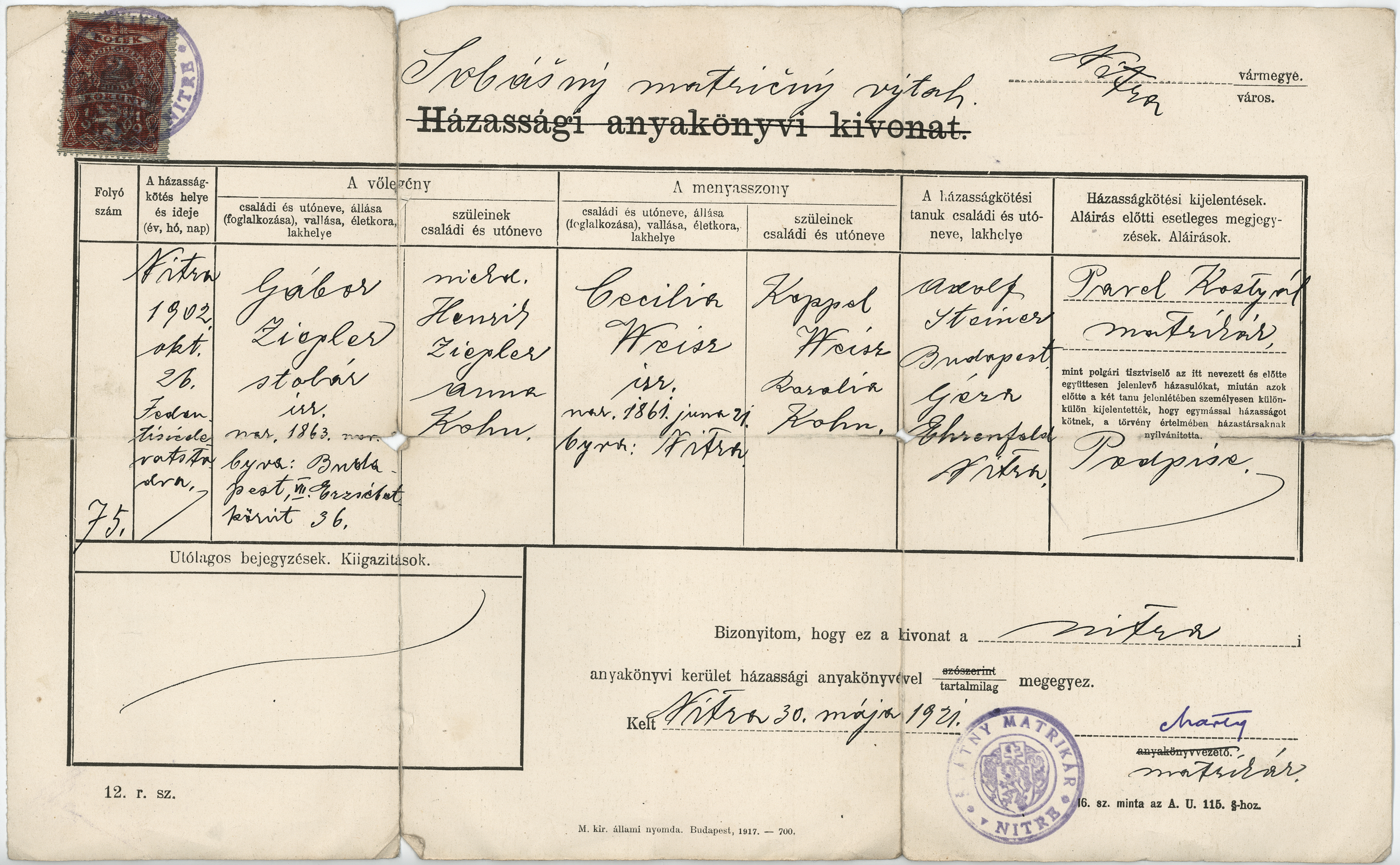 Ziegler Gábor és Weisz Cecilia házassági anyakönyvi kivonata