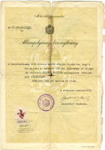 Az állampolgársági  bizonyítvány 1939-bõl